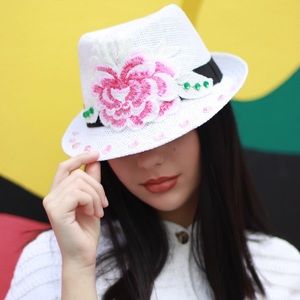 New White hat with pink and green flower detailing